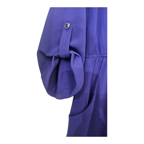 Everly Dress Purple Split Neck Elastic Waist Roll Tab Sleeves Pockets Lined - Picture 4 of 6